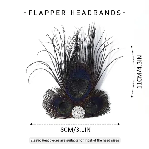 Miniatura 4 de GORTIN Diadema Art Deco con clip de plumas negras de los años 20 con diamantes de imitación de pavo real para mujeres, niñas, fiestas, bailes