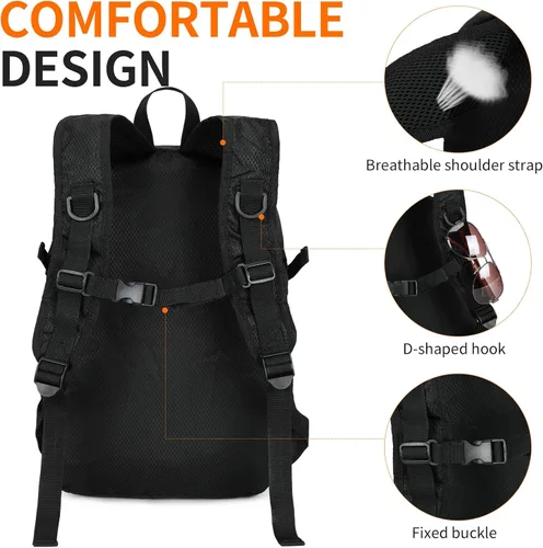 Miniatura 8 de Mochila pequeña de senderismo para viajes, ligera, plegable, mochila de día resistente al agua, mochilas plegables de 15L para viajes, mujeres, Negro