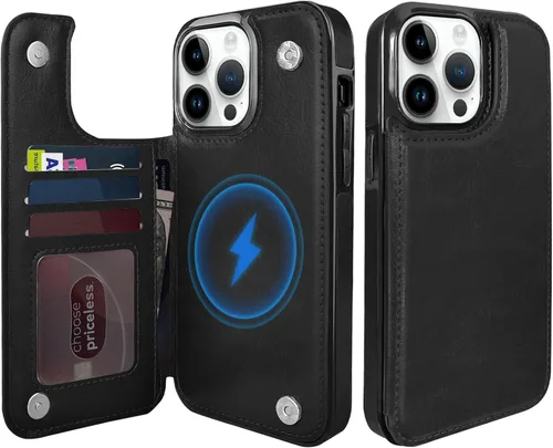 Funda magnética tipo cartera con tapa para iPhone 14Pro Max de 6.7 pulgadas, compatible con MagSafe, soporte de cuero con soporte para tarjetas para