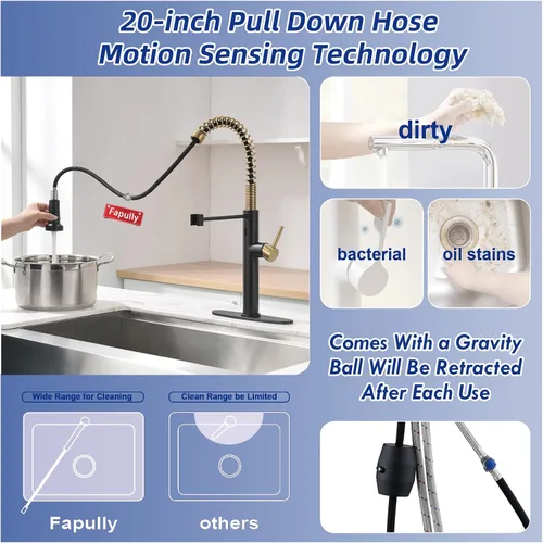 Miniatura 5 de Fapully Grifo de cocina sin contacto con rociador extraíble, sensor negro y dorado, grifo comercial de fregadero de cocina de una sola manija