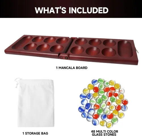 Miniatura 3 de GSE Games & Sports Expert Juego de mesa plegable de madera de Mancala con piedras de vidrio multicolor y bolsa de almacenamiento, juego portátil