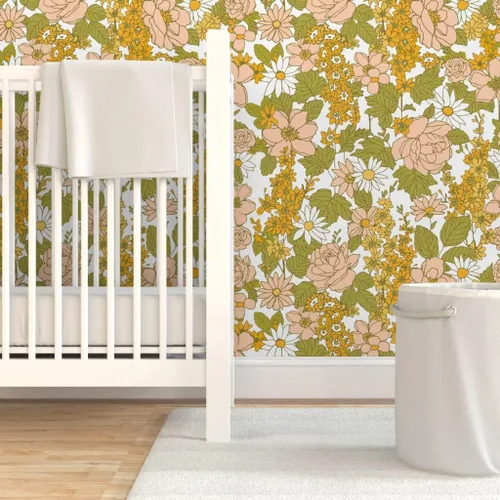 Miniatura 6 de Papel tapiz autoadhesivo para despegar y pegar, papel tapiz vintage de los años 70 con diseño floral retro bohemio, rosa y verde, papel tapiz