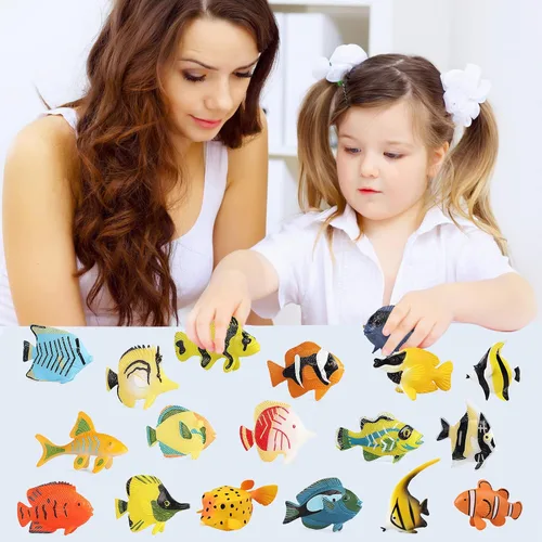 Miniatura 5 de SCAHOW 18 juguetes de peces tropicales para niños, juguetes surtidos de criaturas marinas en miniatura, peces de juguete falsos, mini figuras
