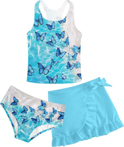 Miniatura 58 de Traje de baño tankini de 3 piezas para niñas, lindo bikini con salida de baño con falda de playa de 5 a 16 años