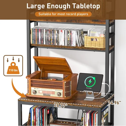 Miniatura 4 de Soporte para tocadiscos con almacenamiento de vinilo, soporte giratorio de 5 niveles con capacidad para más de 500 álbumes, mesa grande