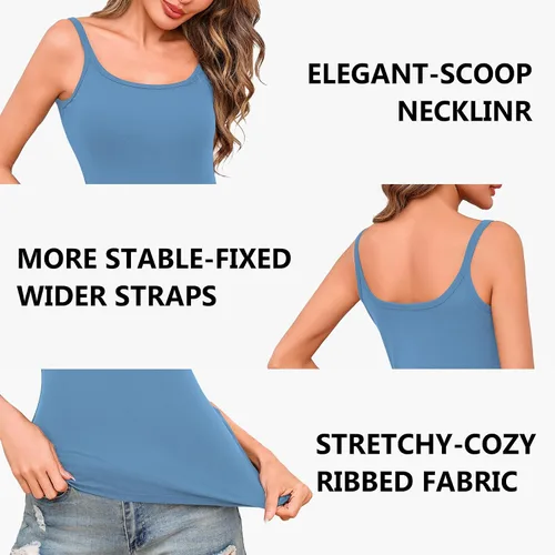 Miniatura 6 de Totatuit Paquete de 3 camisolas acanaladas con cuello cuadrado para entrenamiento, básicas, ajustadas, informales, para mujer