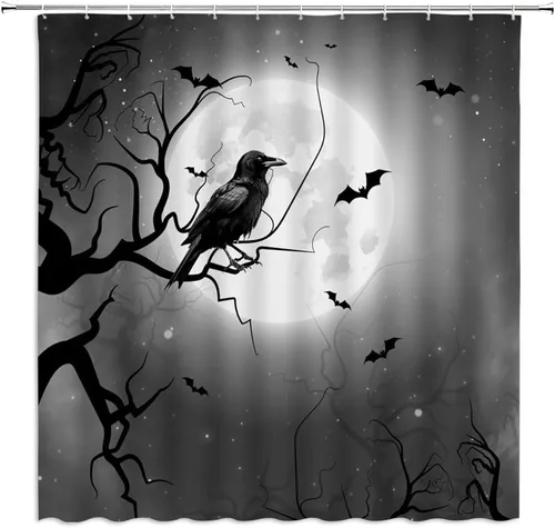 Cortina de ducha de cuervo de Halloween, diseño gótico de cuervo, murciélagos, luna llena, árbol muerto, horror, día de los muertos, espeluznante
