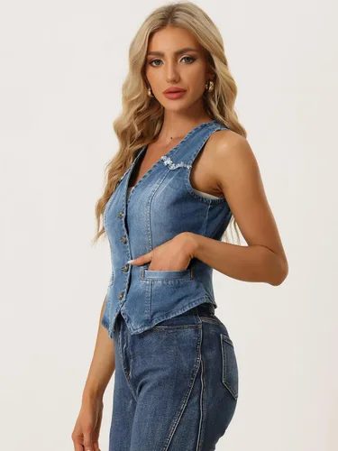 Miniatura 4 de Allegra K Chaleco de mezclilla para mujer, sin mangas, con cuello en V, lavado y desgastado
