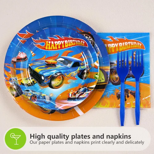 Miniatura 3 de Grencian 96 piezas de decoración de cumpleaños de coches de carreras para niños, platos y servilletas de fiesta de coches, juego de vajilla