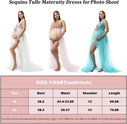 Miniatura 3 de Vestido de maternidad para fotografía, lentejuelas con purpurina, hombros descubiertos, tul con abertura frontal, vestidos de embarazo para sesión
