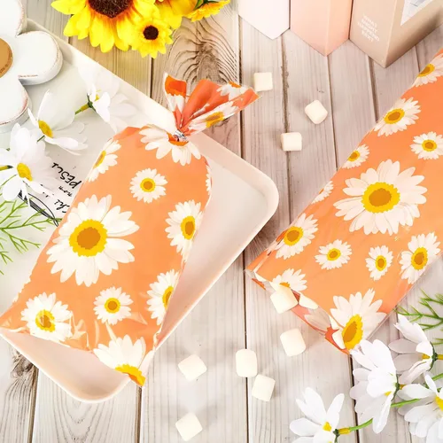 Miniatura 3 de Whaline 160 bolsas de golosinas de celofán con flores de margaritas, bolsas de plástico para dulces, bolsas bohemias hippies para violonchelo