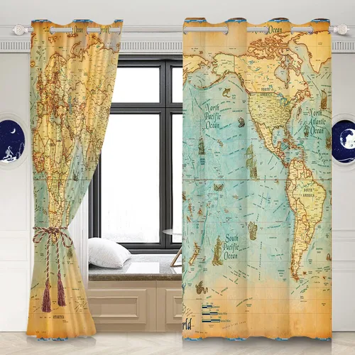 Miniatura 2 de Renaiss Juego de 2 paneles de cortinas para ventana de mapa del mundo de 29 x 45 pulgadas, diseño nostálgico de mapa de geografía