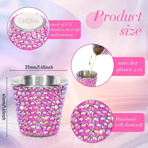 Miniatura 2 de Tioncy Paquete de 12 vasos de chupito de San Valentín de 1 onza de acero inoxidable con diamantes de imitación de acero inoxidable, vasos pequeños