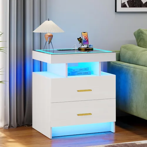 Miniatura 13 de WOOVIVS Juego de 2 mesitas de noche con carga inalámbrica y luces LED para dormitorio, mesita de noche con tablero de vidrio y diseño de 2 cajones