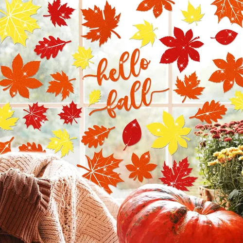 Miniatura 4 de Whaline 105 calcomanías de ventana de hojas de arce con purpurina de otoño, coloridas calcomanías de vidrio de doble cara para otoño, cosecha