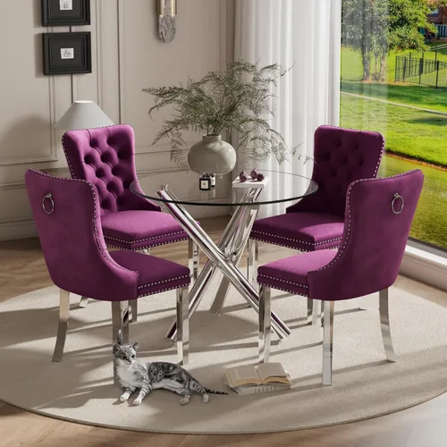 Miniatura 53 de Juego pequeño de mesa redonda con tapa de vidrio transparente para 2, 36'' Juego moderno de lujo para cenas circulares, 3 piezas Juego minimalista