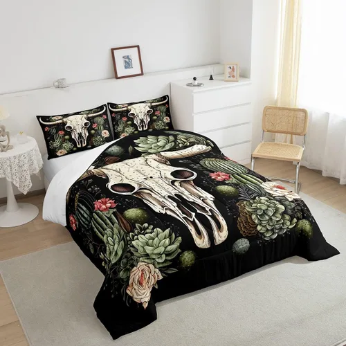 Miniatura 4 de Erosebridal Juego de ropa de cama de calavera de vaca bohemia tamaño individual para vaquero occidental, diseño de cactus y esqueletos negros, juego