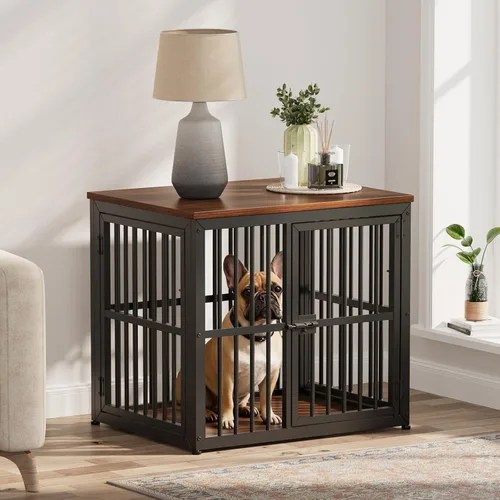 Lyromix Mueble de jaula para perros de 27'' con 3 puertas, mesa auxiliar de jaula de madera resistente, jaula interior para cachorros para perros