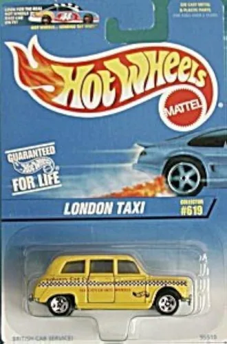 Hot Wheels - Taxi de Londres - Réplica a escala 1:64 - Coleccionista # 619 - Color amarillo del cuerpo w/gráficos - Ruedas de 5 radios - Hecho en