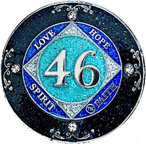 Miniatura 9 de NA 1 año de cristales y medallón de purpurina, moneda chapada en color plateado, arco iris negro, purpurina azul y cuatro cristales transparentes