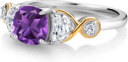 Miniatura 3 de Gem Stone King Plata 925 y oro amarillo de 10 quilates, cojín de anillo de 3 piedras amatista media luna creada moissanita y diamante cultivado
