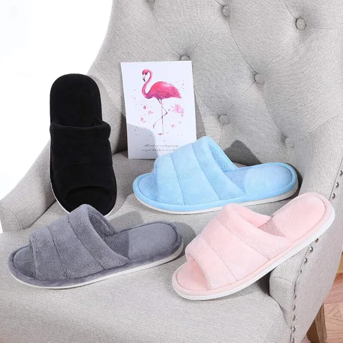 Miniatura 6 de shevalues Pantuflas de tela de rizo con punta abierta para mujer espuma viscoelástica para casa