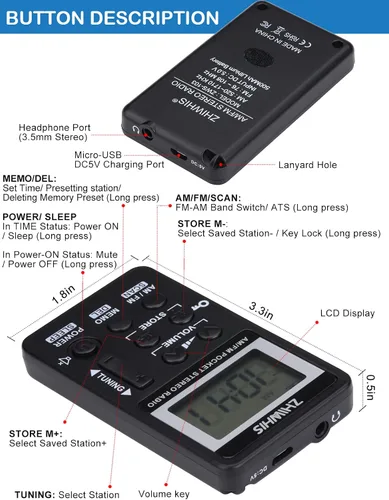 Miniatura 7 de ZHIWHIS Radio portátil, receptor AM FM con temporizador de sueño, radios estéreo recargables con reloj digital, sintonizador DSP con función