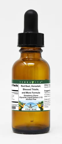 Terravita Extracto líquido de glicerita de remolacha roja, cola de caballo, cardo bendito y más fórmula (1:5), sabor a fresa (1 oz, ZIN: 523802)
