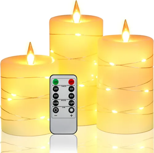 Miniatura 12 de Da by Velas rojas sin llama con luces de cadena, velas que funcionan con baterías con control remoto y temporizador, velas LED parpadeantes de pilar