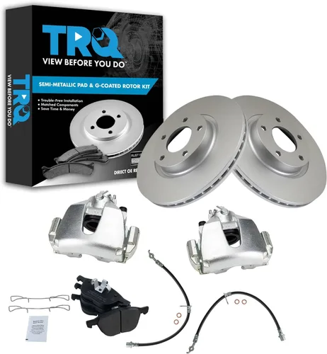 Miniatura 22 de TRQ Kit de pastillas de freno delantero y rotor, pinza de freno, manguera de freno, rotor de freno, semimetálico, revestimiento G, compatible
