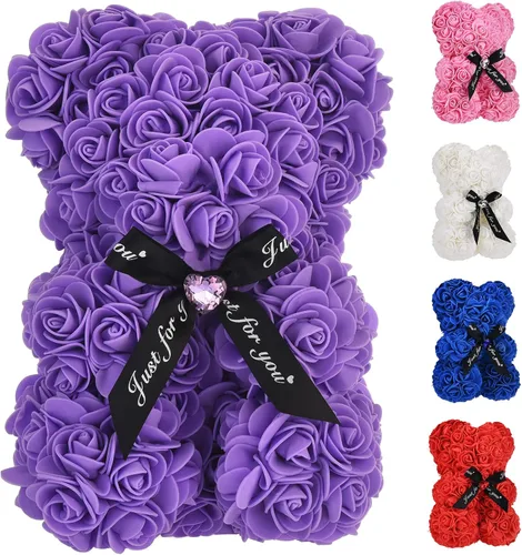Miniatura 13 de Oso de peluche hecho de rosas, regalo para mujer, regalo para madre, hecho a mano, con tira de luces, con caja de regalo, para regalo de cumpleaños