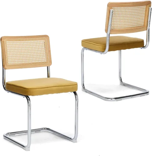 Miniatura 13 de Upholstered Velvet Dining Chairs Set of 2, Mid Century Modern Armless Upholstered Dining Chair with Rattan Back Stainless Chrome Frame for Dining