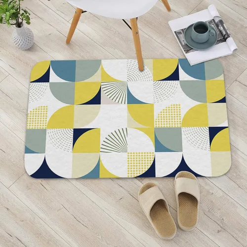 Miniatura 4 de Tapete de baño antideslizante, estilo nórdico, amarillo y blanco, tapete de medio círculo absorbente de agua, tapete de cocina moderno de arte