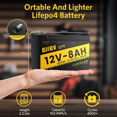 Miniatura 2 de Batería de litio de 12 V 8 Ah, batería LiFePO4 de 4000 ciclos de 12 V BMS 5A integrada, baterías recargables de fosfato de hierro y litio de ciclo