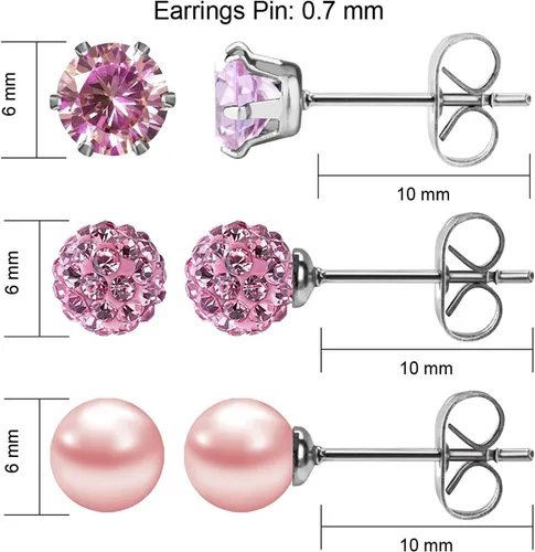 Miniatura 51 de JewelrieShop - Juego de aretes de tuerca de acero inoxidable con circonitas cúbicas y perlas de imitación, 3 pares de 0.236 in