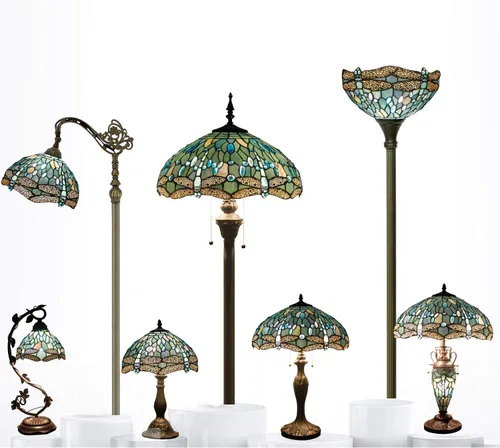 Miniatura 8 de WERFACTORY Tiffany Lámpara de mesa de noche de cristal azul mar, lámpara de mesa estilo libélula luz de lectura de escritorio, base de metal, 16 x
