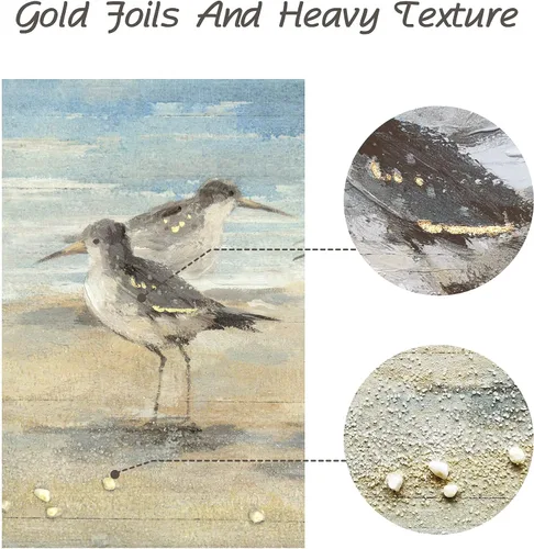 Miniatura 3 de Pintura enmarcada de playa para decoración de pared: arte abstracto de la pared del océano, pintura al óleo costera, gaviotas, imagen impresa