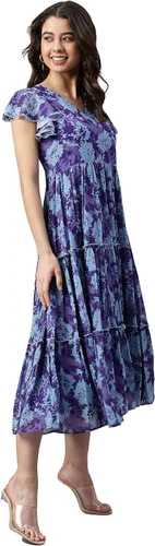 Miniatura 4 de Janasya Vestido occidental acampanado con estampado floral azul para mujer, Azul