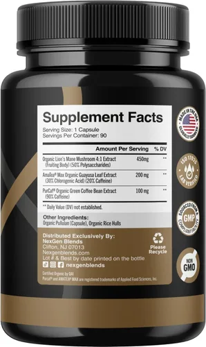 Miniatura 2 de Cápsulas de café de hongos 100% orgánicos, suplemento energético natural con 130 mg de cafeína de extracto de café verde y guayusa patentados