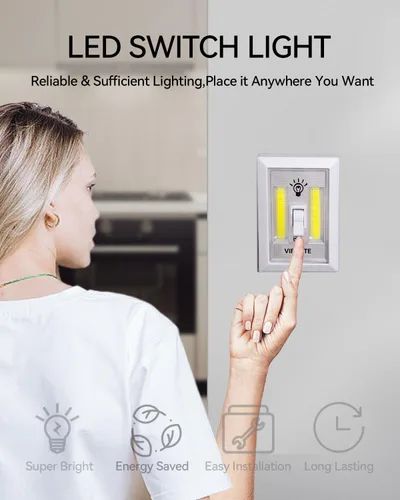 Miniatura 3 de VIBELITE Interruptor de luz nocturna LED, 12 baterías en total incluidas, interruptor LED COB inalámbrico de 200 lúmenes, debajo del gabinete, Blanco