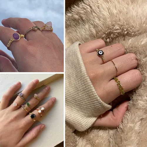 Miniatura 2 de Juego de 9 anillos de cristal curativo, anillos ajustables envueltos en alambre dorado de piedras preciosas irregulares para mujeres y niñas, cristal
