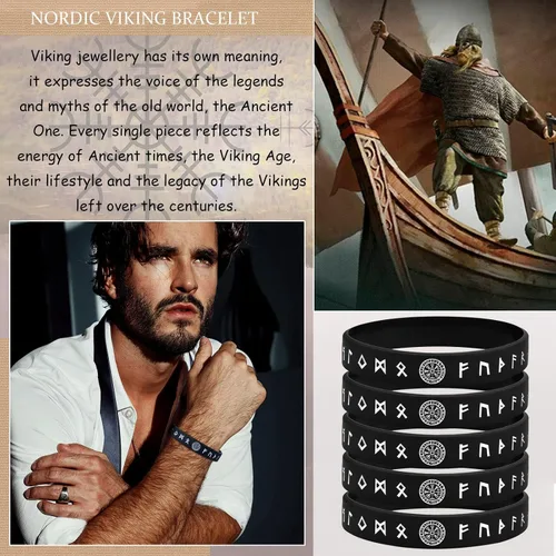 Miniatura 9 de MEALGUET 5 pulseras vikingas para hombre pulsera vikinga nórdica negra para hombres y mujeres, banda de goma de silicona de ajuste cómodo, joyería