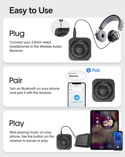 Miniatura 6 de MIPEACE Receptor de audio Bluetooth 5.3 para auriculares con cable, coche y altavoces, adaptador de auriculares Bluetooth con micrófono integrado