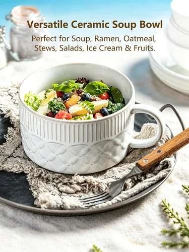 Miniatura 6 de Gomakren Tazón de sopa con asa de 39 onzas, cuenco de ramen para microondas con tapa, recipiente de sopa de cerámica para ramen, cereales, oficina