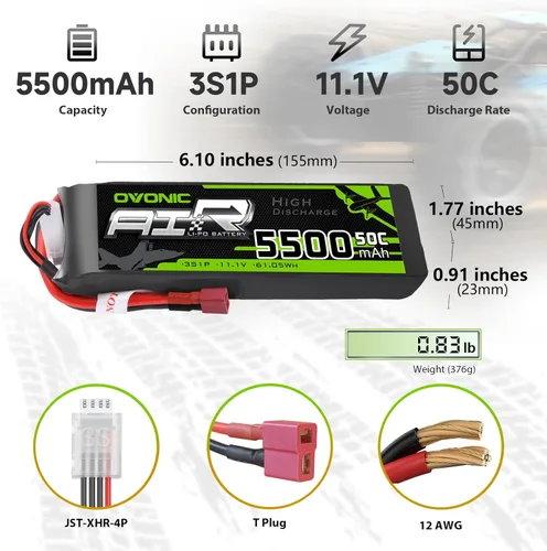 Miniatura 2 de OVONIC 3s Lipo Battery 50C 5500mAh 11.1V Lipo Batería con conector T estilo Dean para avión RC Quadcopter Helicóptero FPV Drone (2 paquetes)