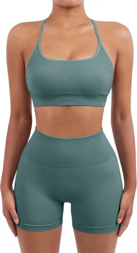 Miniatura 2 de SUUKSESS Conjuntos de Entrenamiento Sin Costuras para Mujer, Sujetador Deportivo con Tirantes, Shorts de Cintura Alta y con Realce de Glúteos
