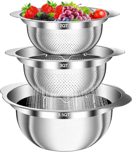 Colador, colador de acero inoxidable con cuencos para mezclar (3.5 cuartos de galón), 3 coladores para utensilios de cocina, cesta de colador de