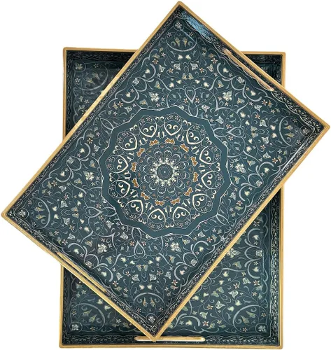 Miniatura 26 de Bandeja de servir azul con 4 asas, bandeja decorativa de plástico para mesa de café, otomana - Ideal para sala de estar y baño. 15 x 11 x 1.9