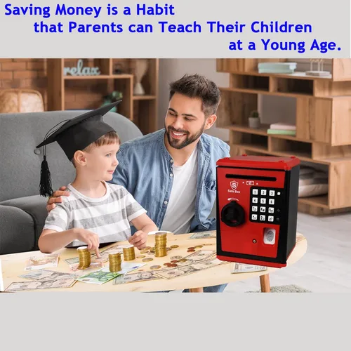 Miniatura 5 de Caja de ahorro segura para niños con contraseña por huella dactilar, alcancía parlante con diseño de cajero automático para dinero real, juguete