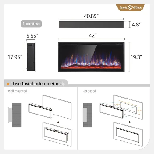 Miniatura 7 de Sophia & William Chimenea eléctrica de 42 pulgadas montada en la pared, calentador de chimenea con control remoto, bisel ultra estrecho para sala